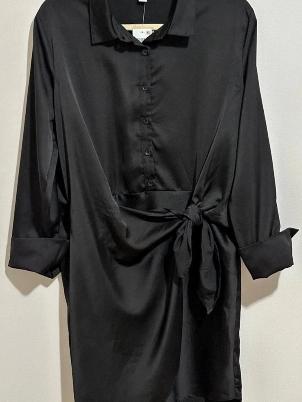 AND NOW THIS Shirt Dress Satin Shirt Mini Dress in Black Size Medium NWT